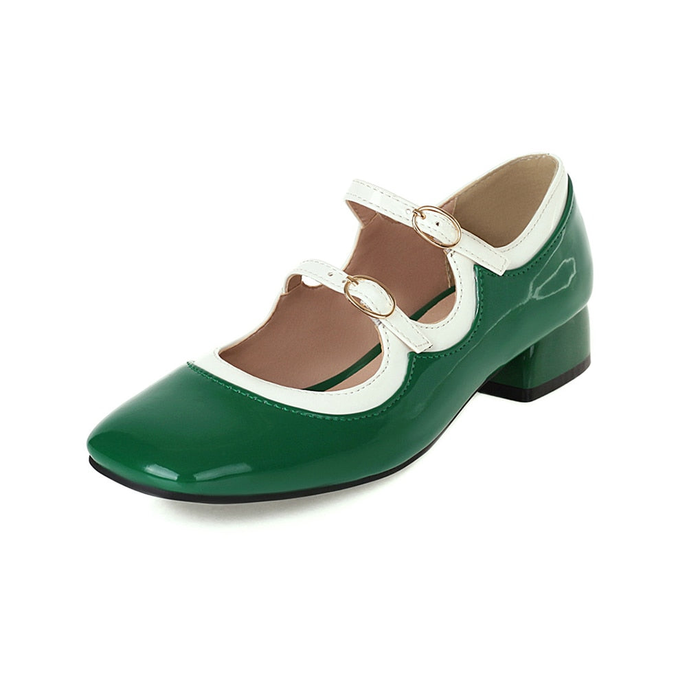 Two-Tone Mary Jane Double Buckle Shoes